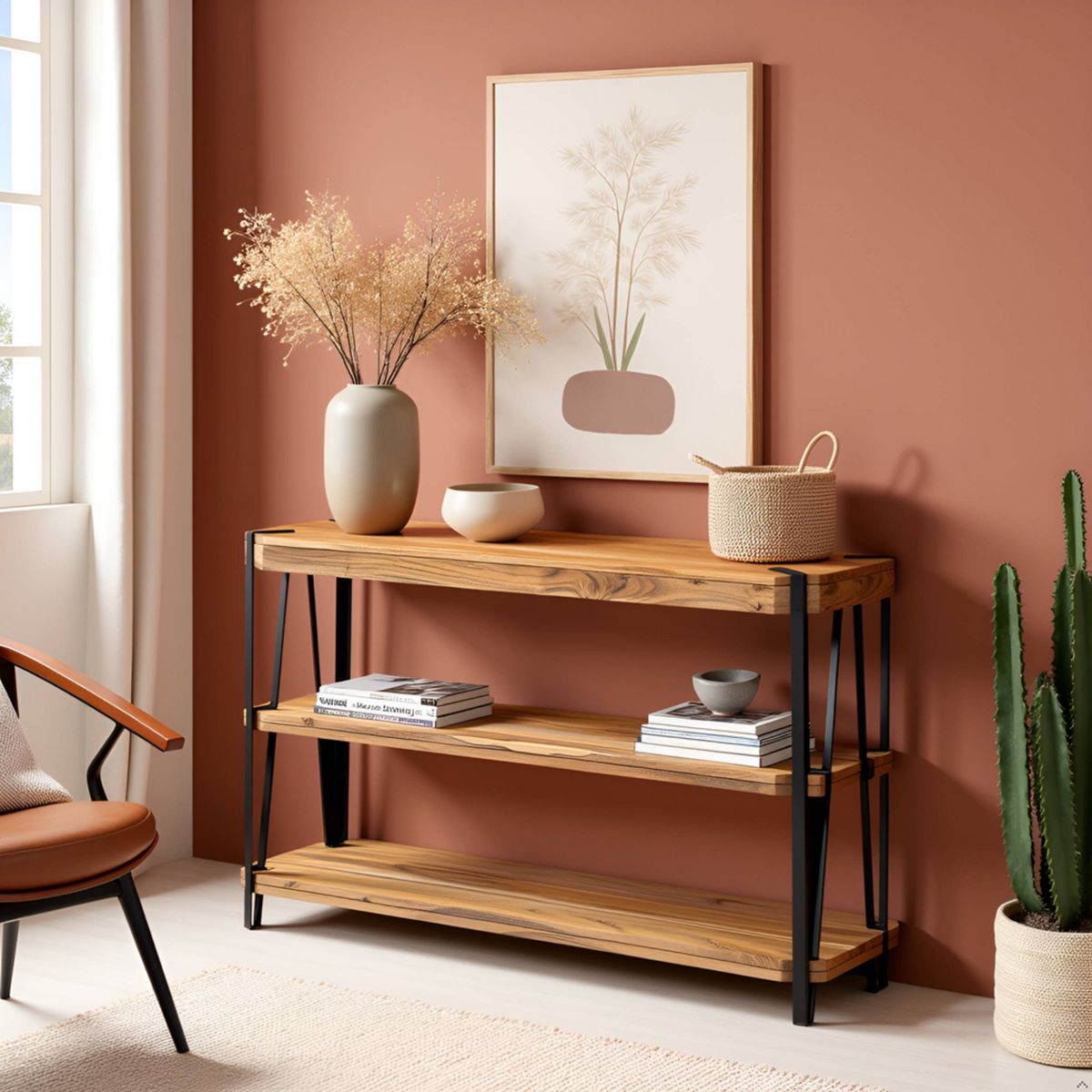 Alaterre Furniture Ryegate Metal And Wood TV Stand for TVs up to 55" Natural Brown: Media Console with Open Back, Acacia Surface - thumbnail 7