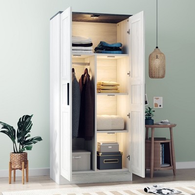 Alilang 5-Cubby 2-Door Wooden Wardrobe Armoire with LED Lights 5.75 ft Tall-White