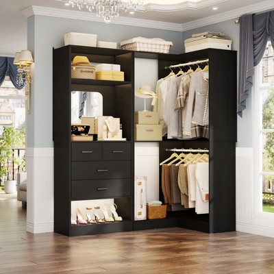 Aheaplus Freestanding Closet System with 4 Drawers, Walk-In Wooden Closet Orangizer with 6 Shelves and 2 Rods