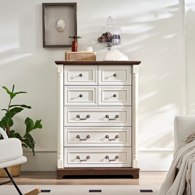 DOMETOUR 7 Drawer Wooden Dresser Chest with Base and Riser Trim, Rustic Storage for Bedroom, Living Room