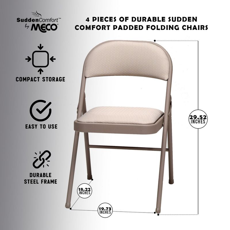 MECO 037.25.4N4 Sudden Comfort Deluxe Indoor/Outdoor Steel Metal Fabric Padded Folding Fold Up Party Card Chair, Buff Frame and Sand Tan Seat (4 Pack), 3 of 7