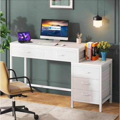 PAGED 51" Reversible Computer Desk Rustic Home Office Desk with Reversible 3-Drawer File Cabinet and 2 Integrated Drawers for Living Room