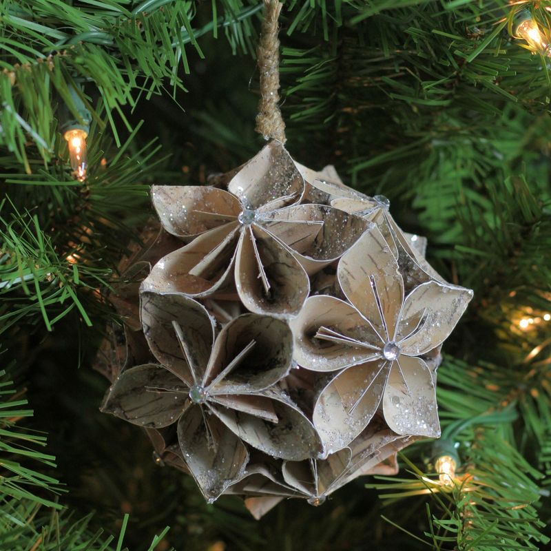 Northlight 5” Glittered Wood Grain Flower Ball Christmas Ornament - Brown, 2 of 4