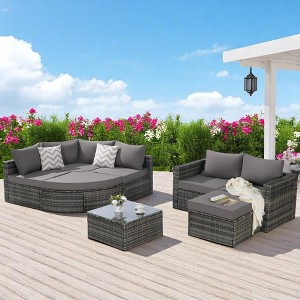 8-Piece Outdoor Wicker Sofa Set with Curved Sofa & Sectional L- Shaped Patio Furniture & Patio Conversation Set Coffee Table, Rattan & Cushions - 1 of 4