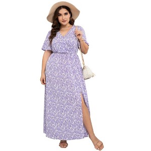 Whizmax Women Plus Size Wrap Maxi Dress Short Flutter Sleeves Empire Waist Split A Line Boho Casual Dress Purple Flower 3XL - 1 of 4