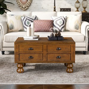 40" Solid Wood Rectangle Coffee Table with Antique Distressed Finish, 4 Drawers, Rivet Pine Legs, Veneer Top, Easy Assembly, Vintage Center Table - 1 of 4