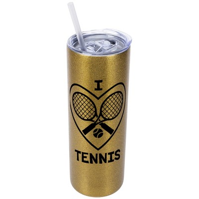 Elanze Designs Vegas Gold 20 Ounce Double Wall Stainless Steel Glitter Travel Tumbler With Sliding Lid And Straw, I Love Tennis