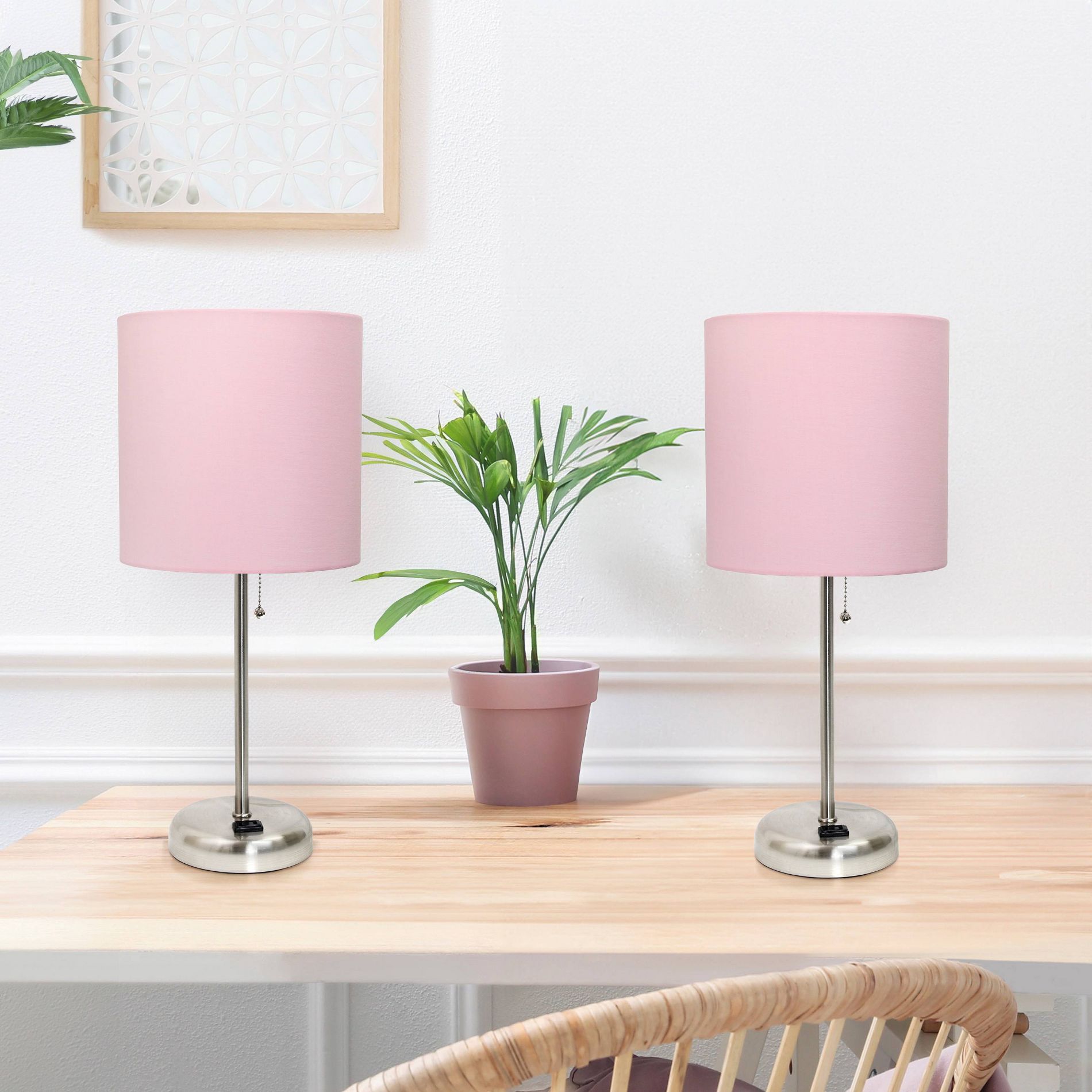 Creekwood Home Set of 2 Contemporary Bedside Rose Gold Table Lamps with Power Outlet Light Pink Shade