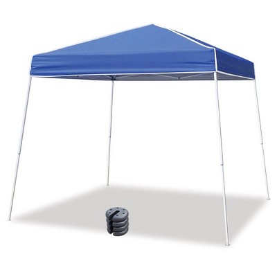 Z-Shade Angled Leg Canopy Tent with Push Button Locking System and 4 Pack of 5 Pound Plastic Concrete Filled Leg Weight Plates, Blue
