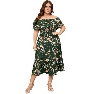 Women Plus Size Off Shoulder Maxi Dress Ruffle Flowy Summer Casual Boho Long Dresses - 1 of 4