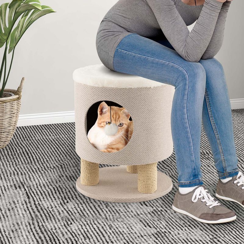 Costway 3-IN-1 Cat Condo Stool Kitty Bed with Scratching Posts & Plush Ball Toy Beige/Grey, 4 of 11