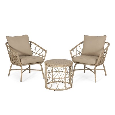 3pc Bruce Outdoor Wicker Chat Set with Cushions Light Brown/Beige - Christopher Knight Home: PE Rattan, UV & Weather-Resistant