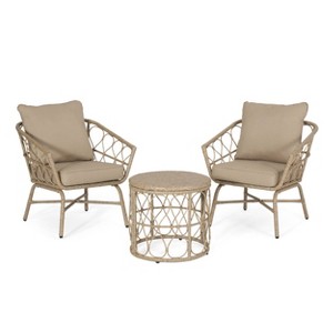 3pc Bruce Outdoor Wicker Chat Set with Cushions Light Brown/Beige - Christopher Knight Home: PE Rattan, UV & Weather-Resistant - 1 of 4