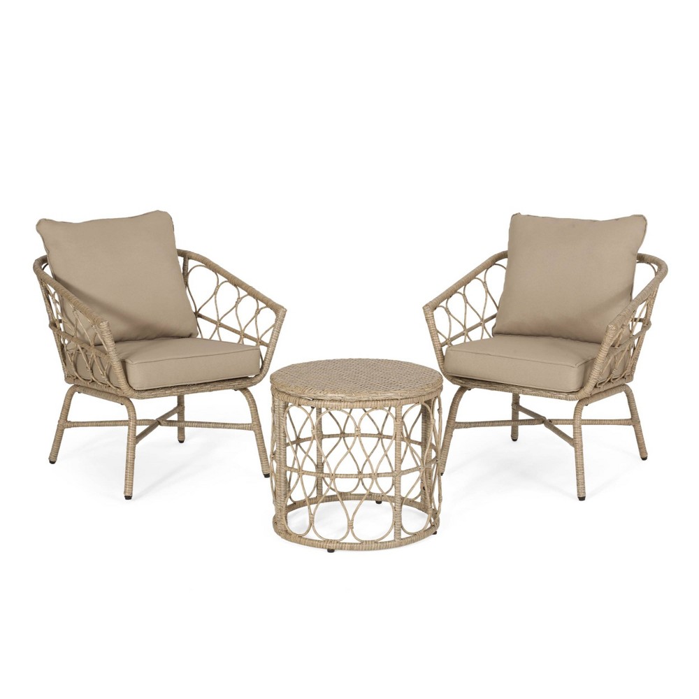 Photos - Garden Furniture 3pc Bruce Outdoor Wicker Chat Set with Cushions Light Brown/Beige - Christ