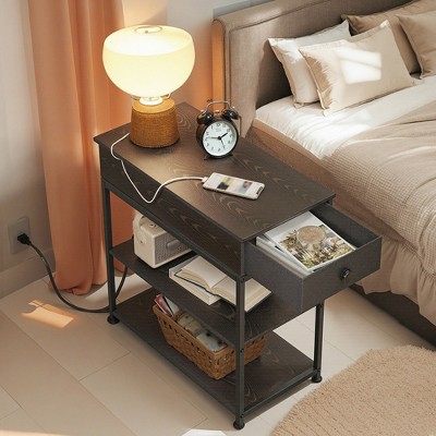 Side Table with 2 USB Ports and 2 Outlets, Flip Top End Table with Drawer and Storage Shelves, End Stand with Charging Station