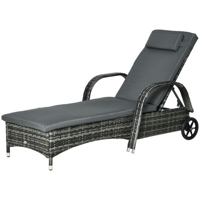 Gray Wicker Outdoor Chaise Lounge with Adjustable Backrest and Cushion