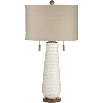 Possini Euro Design Kingston Modern Mid Century Table Lamp 32 3/4" Tall White Ceramic with USB Dimmer Taupe Drum Shade for Bedroom Living Room Office