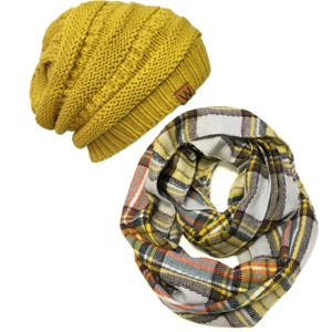 Wrapables Plaid Print Infinity Scarf and Beanie Hat Set, Tan and Orange - 1 of 4