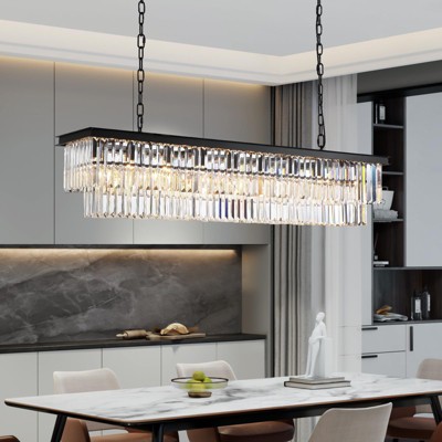 Ludomide Rectangle Crystal Chandelier, 8-Light Black Modern Pendant Fixture for Dining Room, Kitchen Island, and Living Room