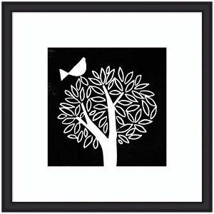 Kate and Laurel Framed Art Black and White Bird Tree Linocut by Giuliana Lazzerini Lazzerini, 35x35, Oliver Black Narrow - 1 of 4