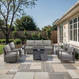 Gymojoy 6/8PCS 50000 BTU Gas Firepit Table with Outdoor 3-Seat Sofa Swivel Chair Ottoman Set - 1 of 4