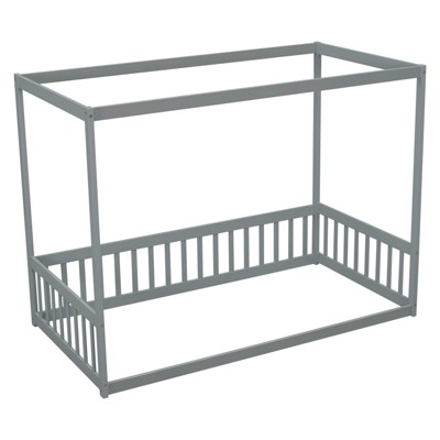 Fontoi Beds, Twin Floor Bed with Frame, Wood Bed with Guardrails and Fence for Girls and Boys, Gray, 41.8"*58.3"*78.2"