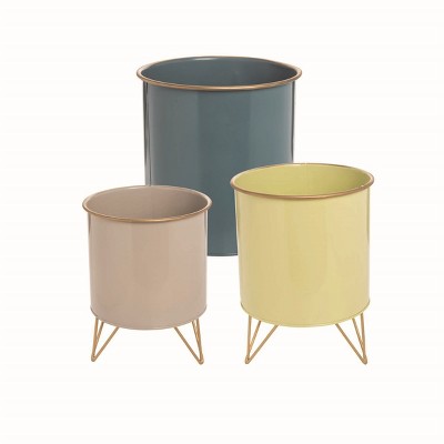 Set of 3 Blue, Yellow and Gray Decorative Nesting Storage Bins With Brass Hairpin Legs - Foreside Home & Garden