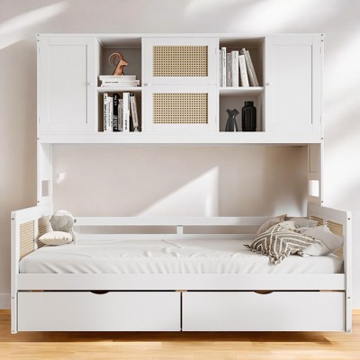 Mshliw Wooden Daybed Frame with 2 Drawers and Storage Cabinet - Rattan Design, Sturdy Pinewood Construction