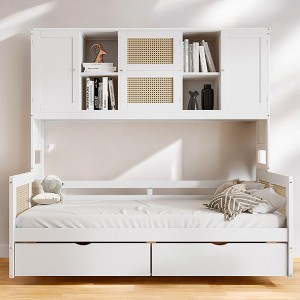 Mshliw Wooden Daybed Frame with 2 Drawers and Storage Cabinet - Rattan Design, Sturdy Pinewood Construction - 1 of 4