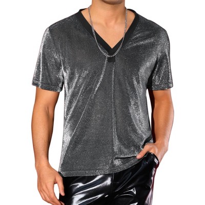 INSPIRE CHIC Men's V-Neck Short Sleeve Party Sheer Glitter T-Shirt