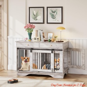 47'' Dog Crate Furniture w/ Barn Door, Heavy Duty Dog Kennel Indoor w/ 2 Doors, Wooden Pet Cage End Table w/ 2 Storage Draws - 1 of 4