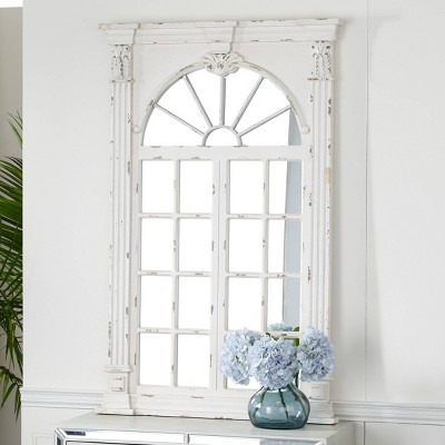 Cream Wood Windowpane Arched Wall Mirror with Distressed Finish