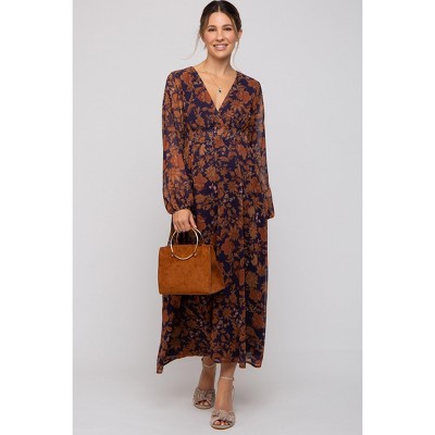 PinkBlush Navy Floral Long Sleeve V-Neck Maternity Maxi Dress