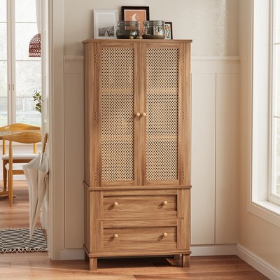 High Freestanding Tall Kitchen Pantry, Kitchen Pantry Storage Cabinet with Rattan Doors, Adjustable Shelf and 2 Drawers, Freestanding Cupboard