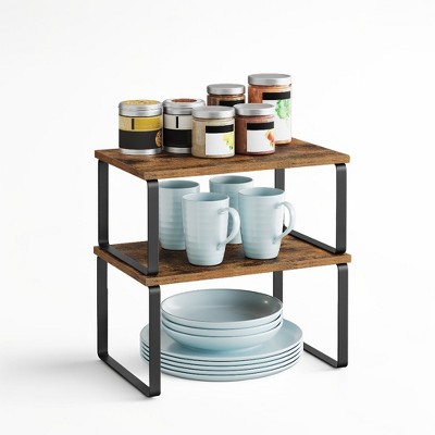 Cabinet Organizer Shelf, Set of 2 Kitchen Counter Shelves, Kitchen Storage, Spice Rack, Stackable, Expandable, Metal and Engineered Wood