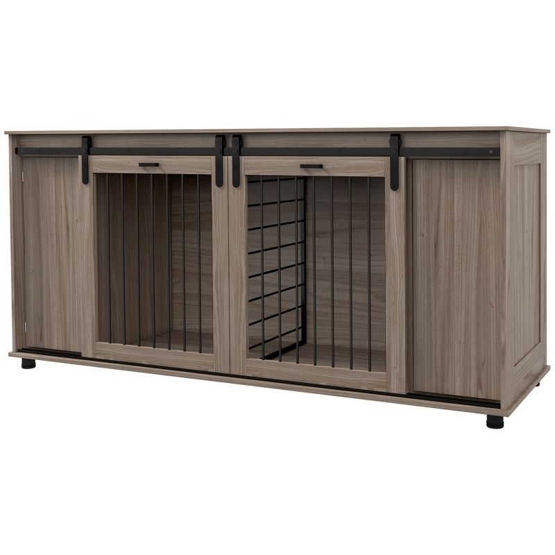 PawHut 71" Dog Crate Furniture with Removable Divider for 2 Small Dogs or 1 Large Dog, Dog Kennel Furniture with Storage, Double Doors, 4 of 7