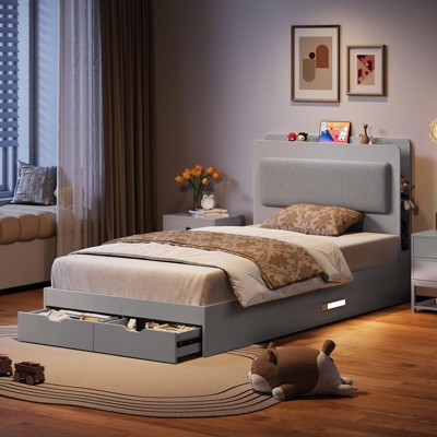 Twin Bed Frames, Wooden Bed Frame with Upholstered Headboard and 4 Open Storage Shelves, Platform Bed Frame with 2 Drawers