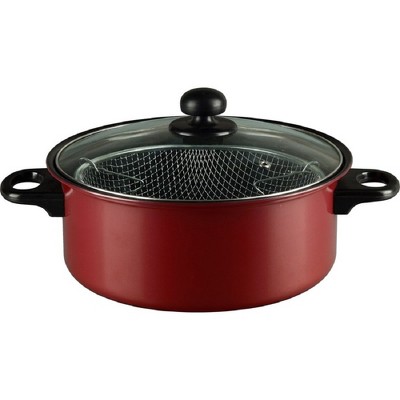 Deep Fryer 3PC Set with 4.5 Quart Non-Stick Ceramic Coated Dutch Oven Style Pot, Stainless Steel Fryer Basket & Glass Lid - Cool Touch Handle, Red