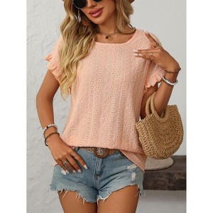 Women's Round Neck Sweet Short Sleeve T-Shirt with Hollow-Out Detail & Ruffled Sleeves, Cute Casual Blouse for Summer - 1 of 4