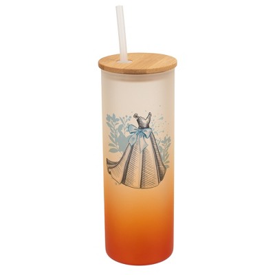 Elanze Designs 25 Ounce Frosted Glass Gradient Travel Tumbler With Straw and Wooden Lid, Wedding Day Orange