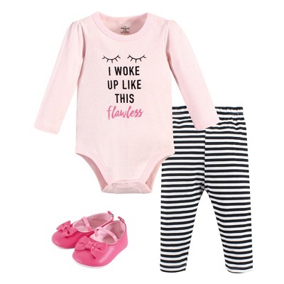 Image of Little Treasure Baby Girl Cotton Bodysuit, Pant and Shoe 3pc Set, Flawless, 0-3 Months