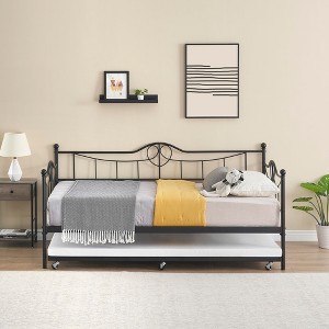 Modern Twin Daybed with Trundle and Backrest, Black Metal Sofa Bed Frame with Steel Slat Support TWIN black - 1 of 4