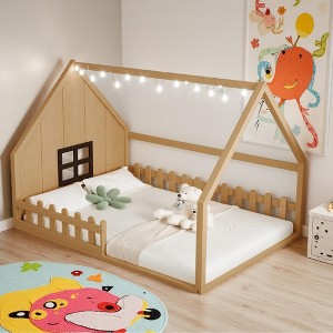 Merax Full Size Wood House Bed with Window, Fence & LED Light - 1 of 4