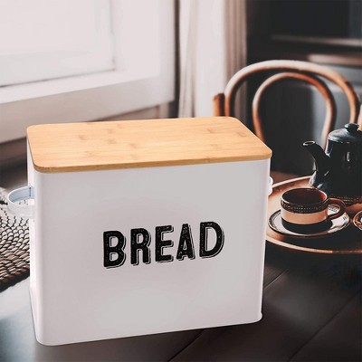 White Metal Bread Box with Bamboo Lid and Handles
