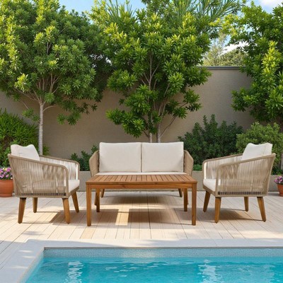 4-Piece Outdoor Patio Solid Wood Conversation Sofa Set with Coffee Table