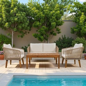 4-Piece Outdoor Patio Solid Wood Conversation Sofa Set with Coffee Table - 1 of 4