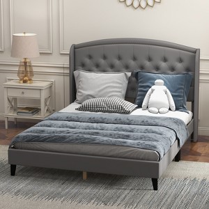 Bed Frame with Headboard – Upholstered Velvet Platform Bed, Rivet Button Tufted, Heavy Duty, No Box Spring - 1 of 4