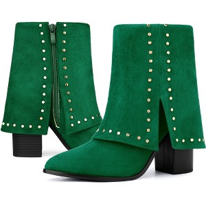 BLISSFUL STEP Women's Block Heel Fold Over Pointy Toe Studded Mid-Calf Boots - 1 of 4