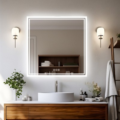 32'' Square LED Mirror for Bathroom Wall Antifog Vanity Mirror 3500K-6500K Smart Memory