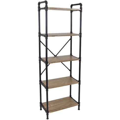 Sunnydaze 5 Shelf Industrial Style Freestanding Etagere Bookshelf with Wood  Veneer Shelves